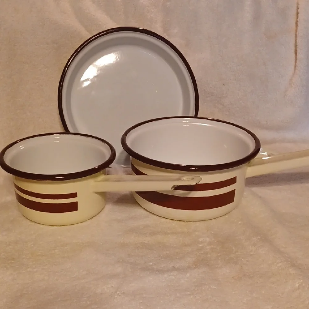 Classic Cream and Brown Enamel Cookware Set Vintage Cook Pans